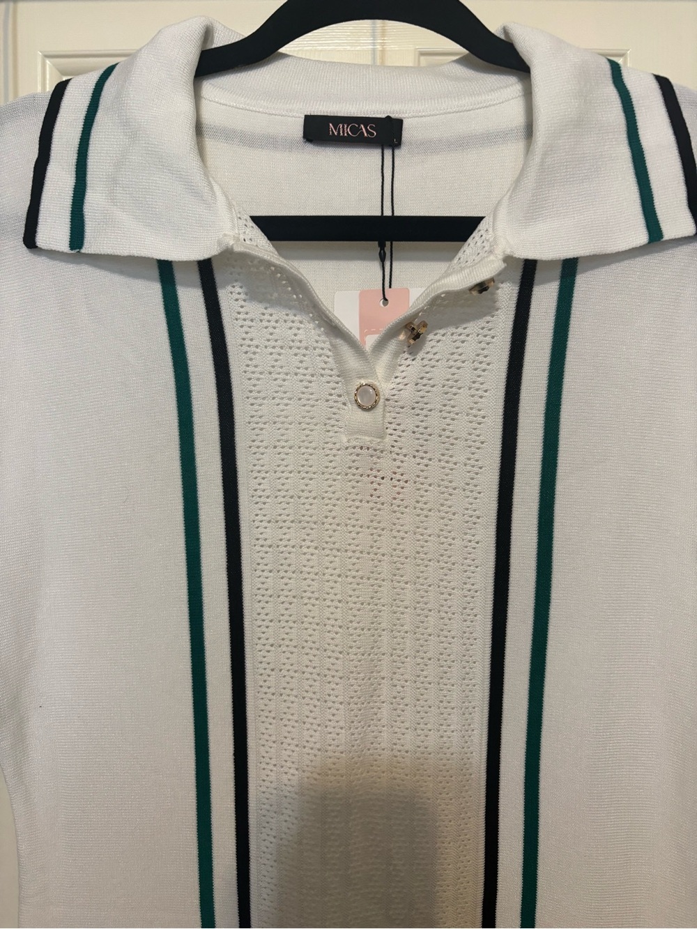 Micas White Knit Polo Mini Dress with Green & Black Stripes - Picture 3 of 4
